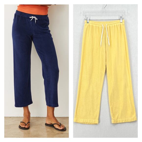 MONROW Rib Terry Cloth Crop Pants Womens Small Yellow Pull On Lounge Athleisure - Picture 1 of 16
